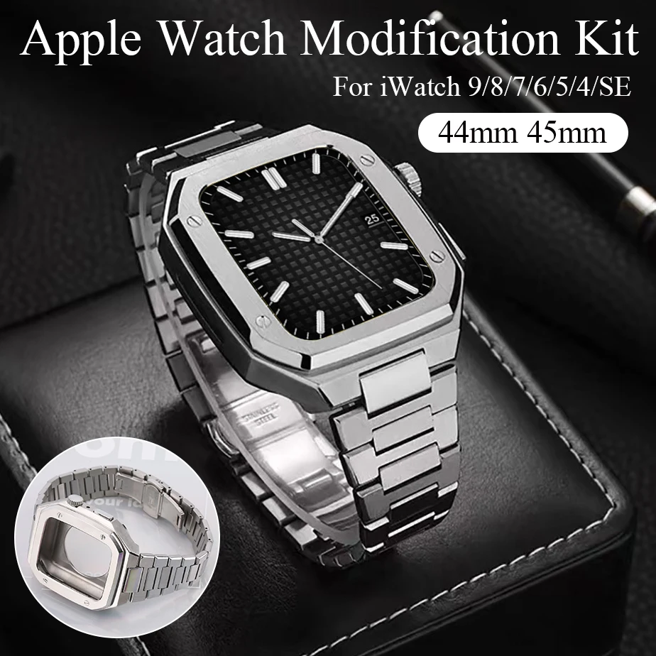 Luxury Modification Kit For Apple Watch Series 9 8 7 45mm 6 5 4 SE 44mm Metal steel Band For iWatch DIY Mod kit Bezel Case Band