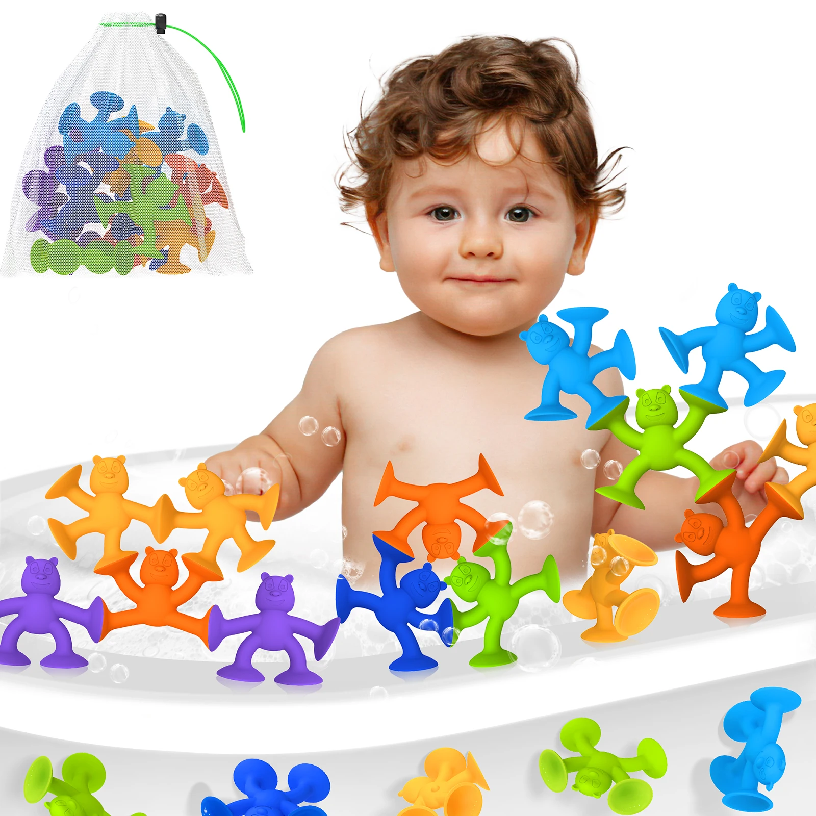 Bear Suction Bath Toys Kids Creative Connect, Build, Sensory Toy, Mold Free Bath Toys Gift for Boys and Girls 1 2 3 4 5 6+Years