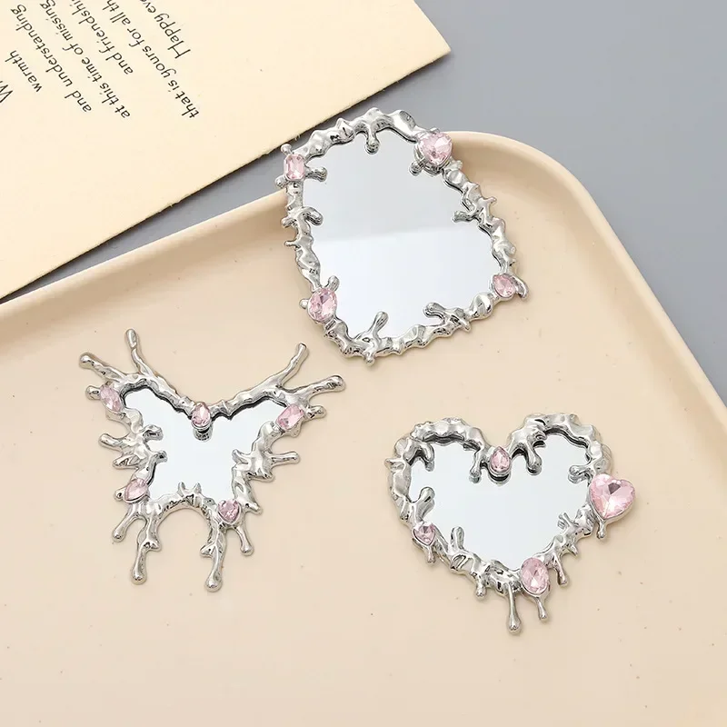 1Pc Y2K Sense of Advanced Butterfly Heart Shape Girls Gem Makeup Mirror Liquid Metal Style Women Mini Portable Handheld Mirror