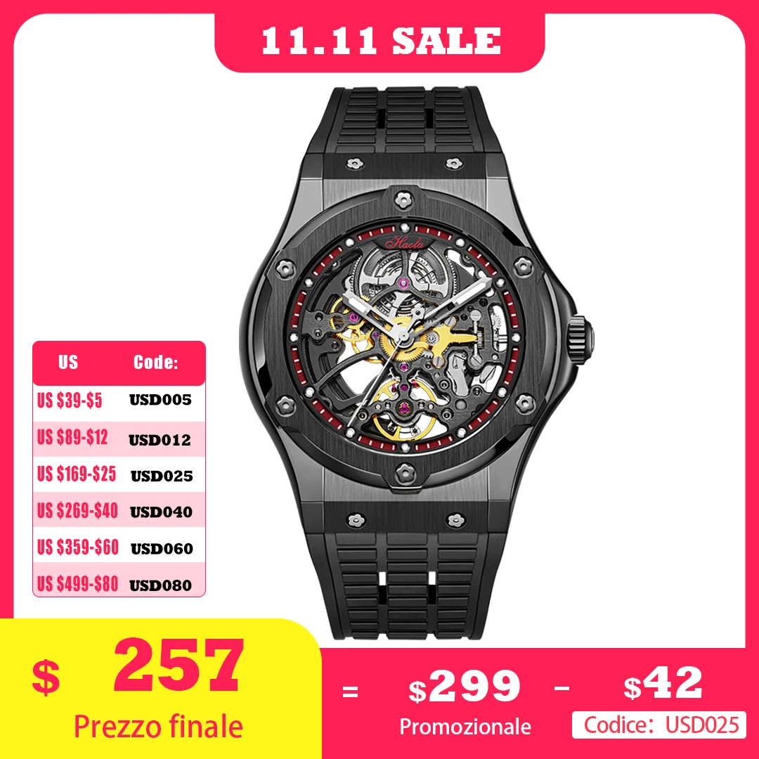 Haofa Automatic Skeleton Mechanical Movement Watch For Men Stainless Steel Case Rubber Strap Crystal Wristwatch Waterproof 1913