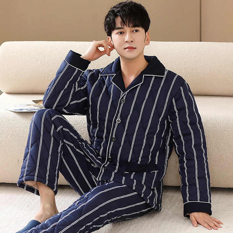 Winter Thick Warm Men Clip Cotton Pajamas Set Striped Comfortable Soft Cardigan Sleepwear L-4XL Male Homewear Clothing