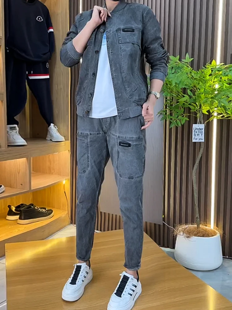 

Casual Spring Autumn Men's Set 2024 New Sle Trendy Stand Collar Jaet Multi ket Harlan Pants Two Piece Set Youth Jeans