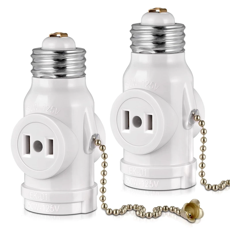 WFF 2 Outlet Light Socket Adapter,E26 Bulb Socket To Outlet Splitter,Convert Medium Screw Socket Into A Socket 2 Outlets 2Pc