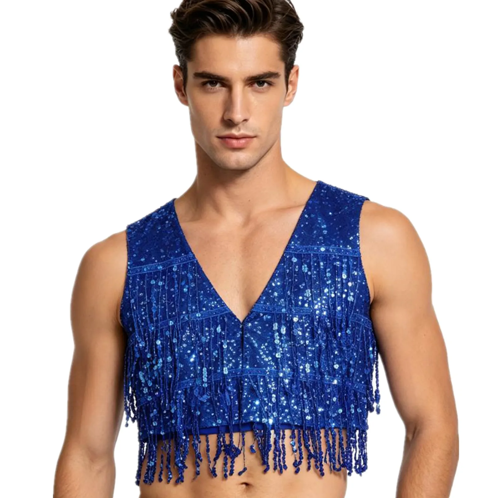 Mens Glitter Waistcoat Shiny Sequin Jazz Dance Performance Costume Tassel Sleeveless Allover Sequin V Neck Open Front Vest Tops