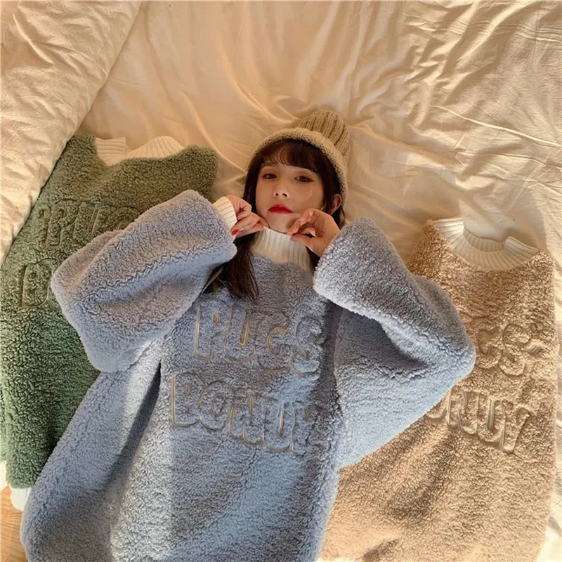 Women Korean Fashion Print Letter Sweatshirt Winter Thick Warm Pullover Loose Streetwear Harajuku Embroidery Plus Velvet Top