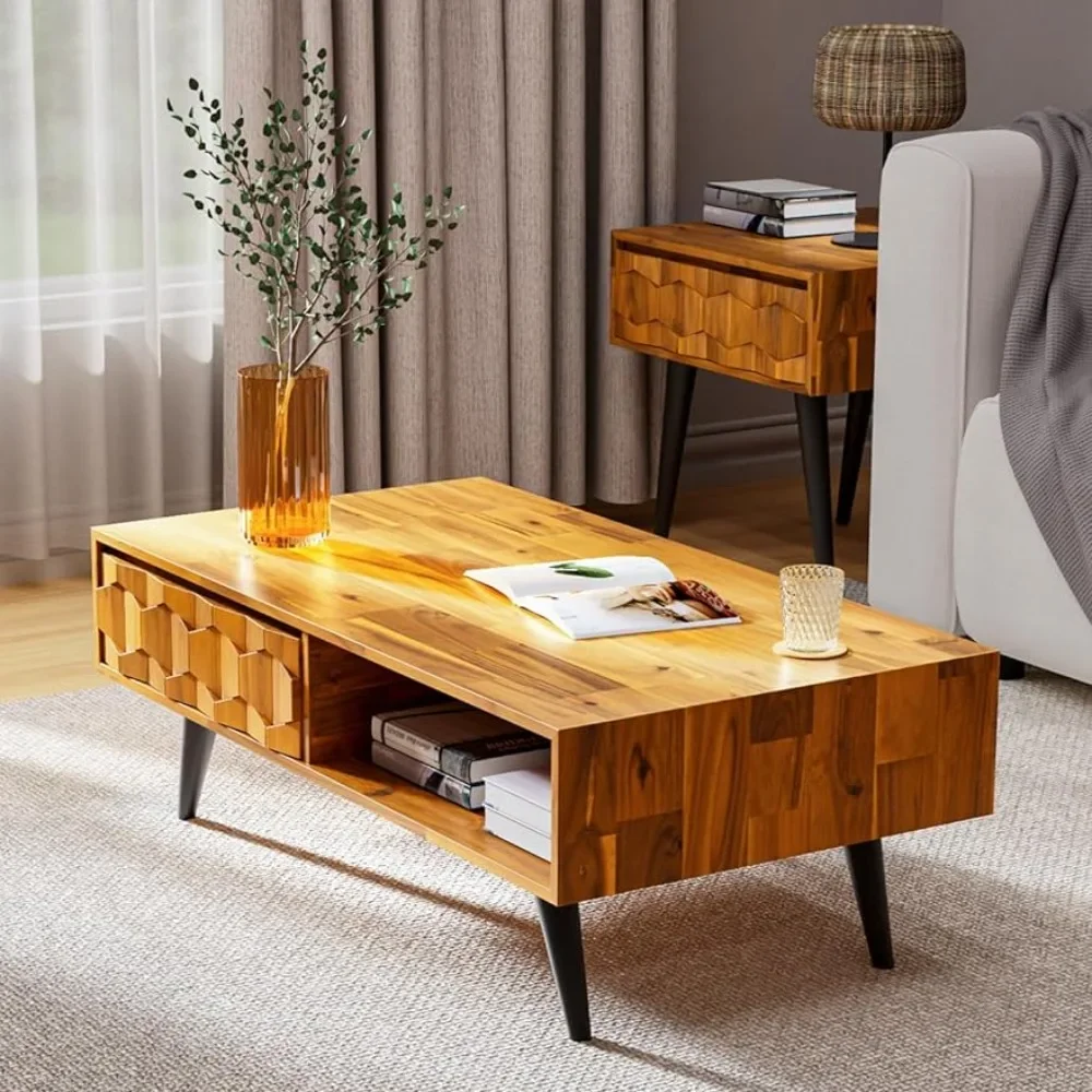 

Solid Wood Coffee Tables for Living Room with 2 Symmetrical Storage Drawers & Geometric Details, Fully Assembled