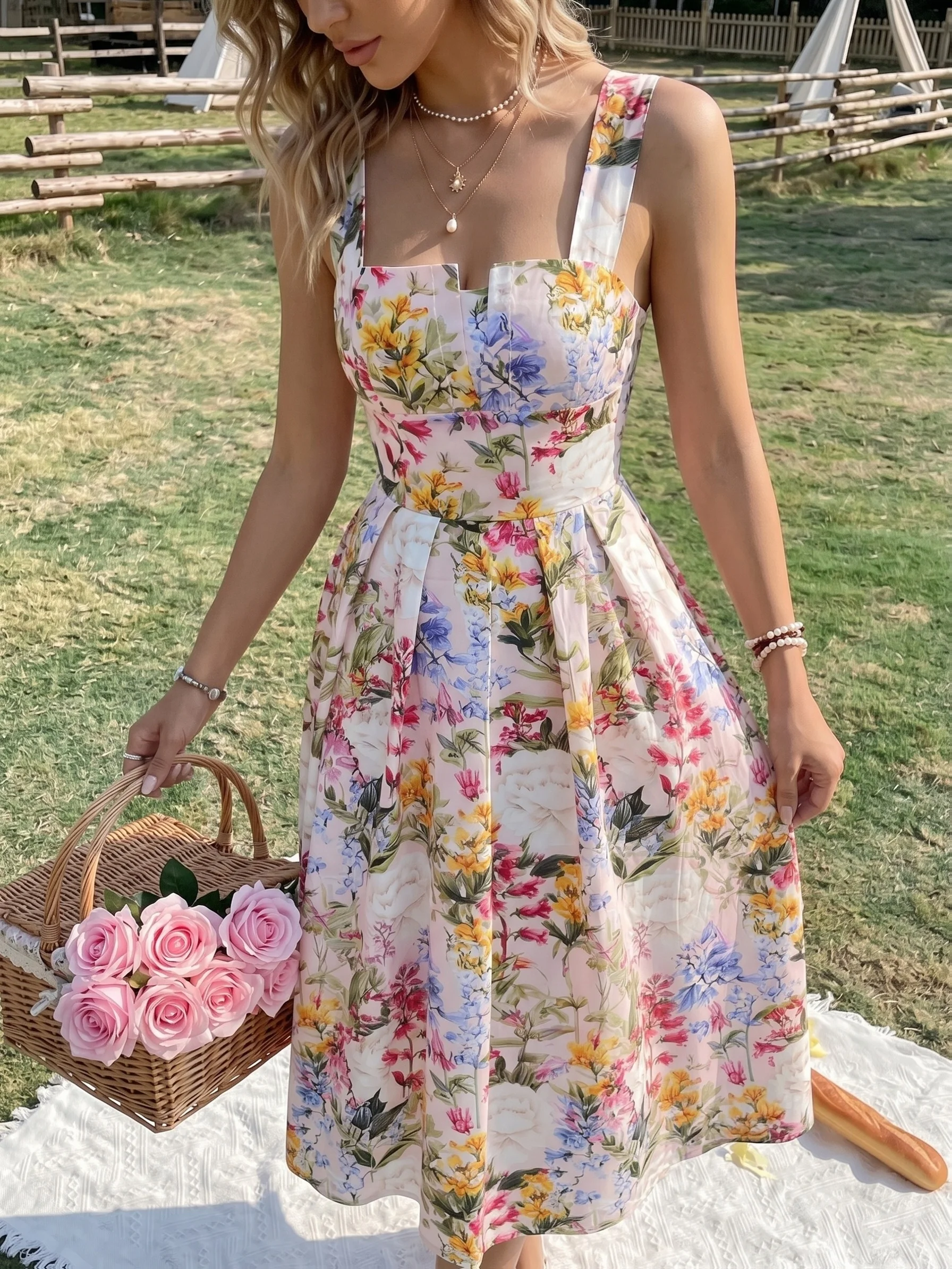 Damenmode Frühling und Sommer Neues Teepausen-Kleid mit Blumenmuster Elegantes Picknick-Kleid – Detail 4