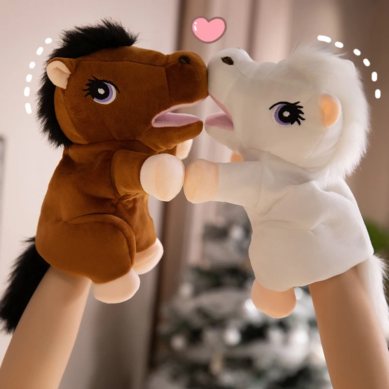 Kawaii dinossauro unicórnio galo fantoche de mão de pelúcia bonito animal de pelúcia cavalo coelho brinquedo de pelúcia boneca educacional presente para crianças