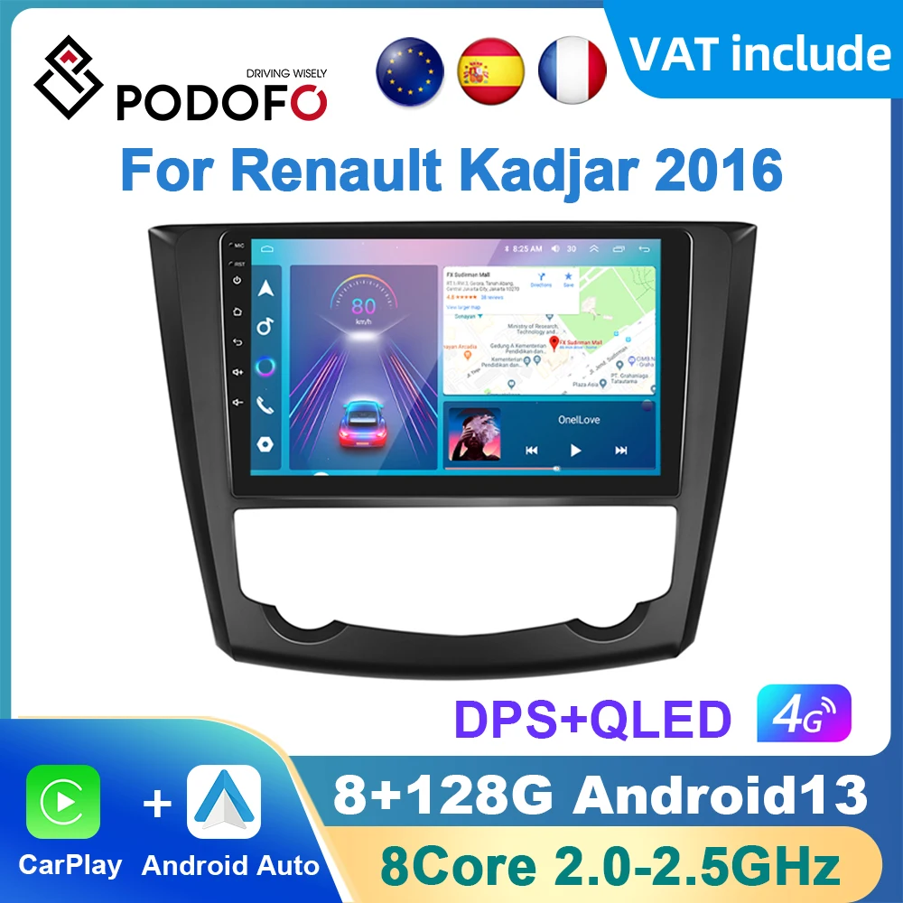 Podofo AI Voice Android Carplay Car Radio For Renault Kadjar 2016 Android Auto 4G Multimedia Player GPS Navigation RDS Radio