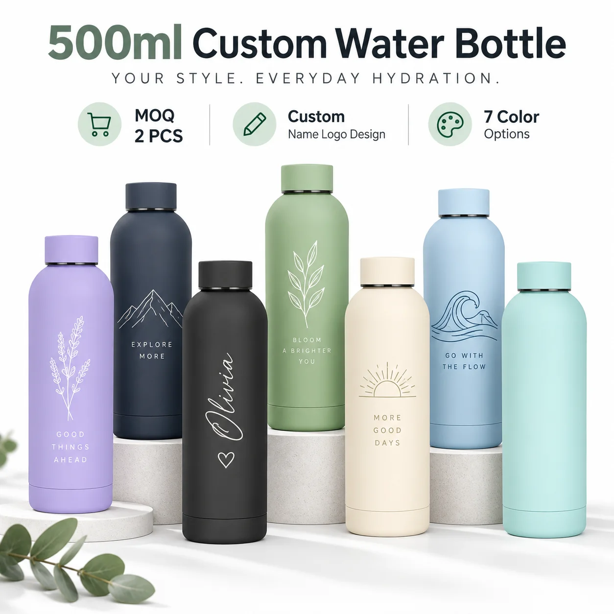 2pcs Minimum Order Custom Water Bottle Personalized Name Logo Stainless Steel Insulated Tumbler Couple Family Team Gift Drinkwar