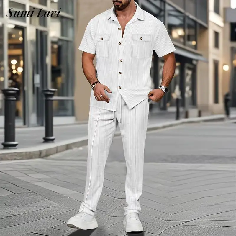 

2025 Spring Summer Casual Mens Outfits Fashion Pure Color Short Sleeve Shirt And Pants Two Piece Suits Men Streetwear Slim Sets