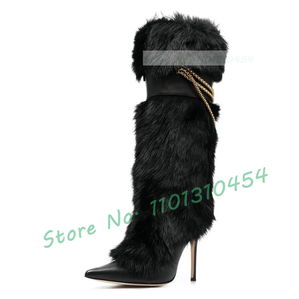 Black Fur Chain Knee High Boots Women Trending Fluff Pointy Belt Buckle High Heels Boots Winter Female New Fashion Snow Boots