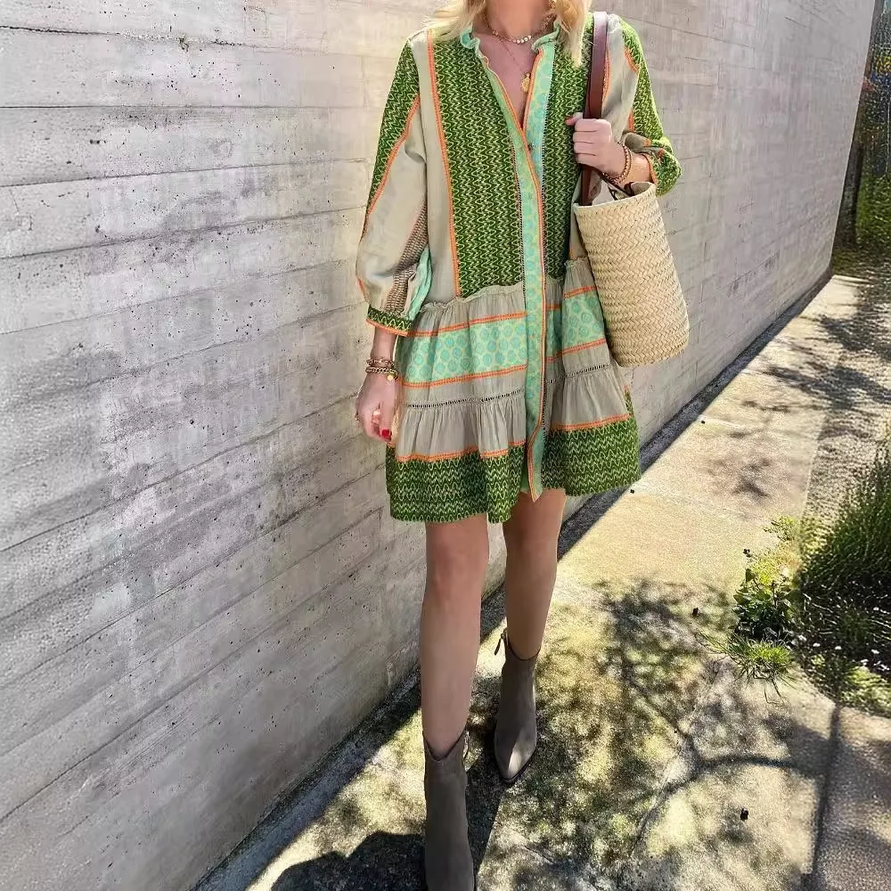 

2024 New Spring and Autumn Printed Positioning Cotton and Linen Lantern Sleeves Three-quarter Sleeve Short Skirt Dress for Women