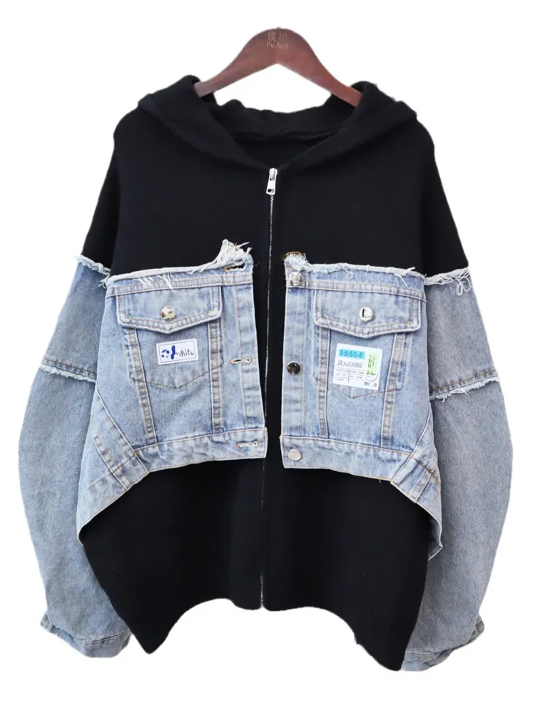 [EWQ] Streetwear Style Zipper Hooded Cardigan Women Clothing Denim Patchwork Sweater Coat Autumn 2024 Winter New Tide GZ258