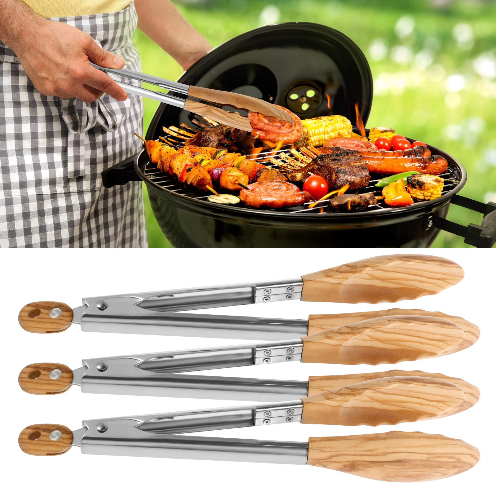 3Pcs Silicone Kitchen BBQ Tongs Stainless Steel Handle Locking Cooking Tongs with Wood Tips Non-Slip Food Tongs for Cooking Tong