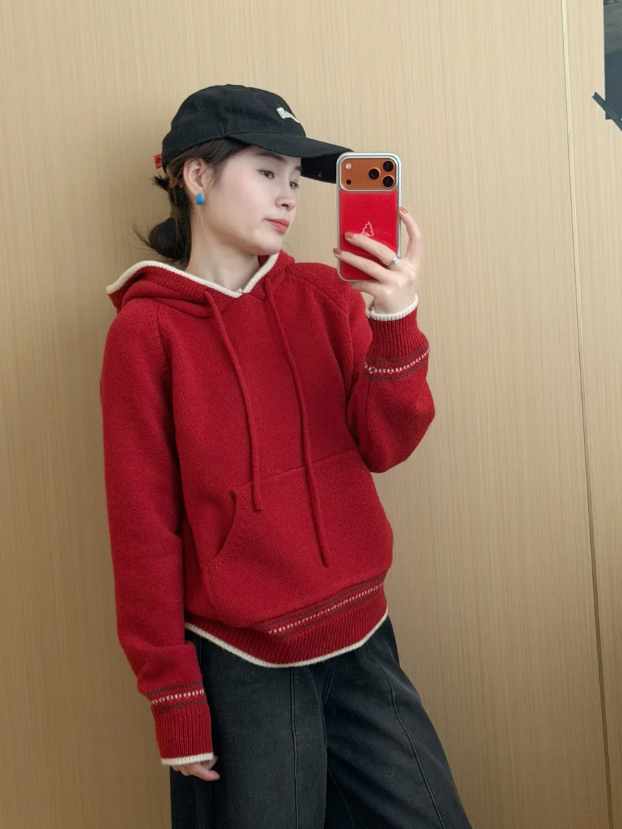 

Women's Knitted Hat Sweater Casual Sle Hooded Floral Embroidery Long Sve Thiened Winter New Red Color Youthful Knitwear