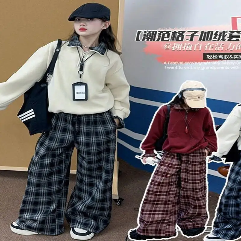 

Kawaii Girl Fashion Thicken Lapel Sweatshirt Sports Pants 2-Piece Set Student Autumn Winter Casual Hoodie Set Children Clothing