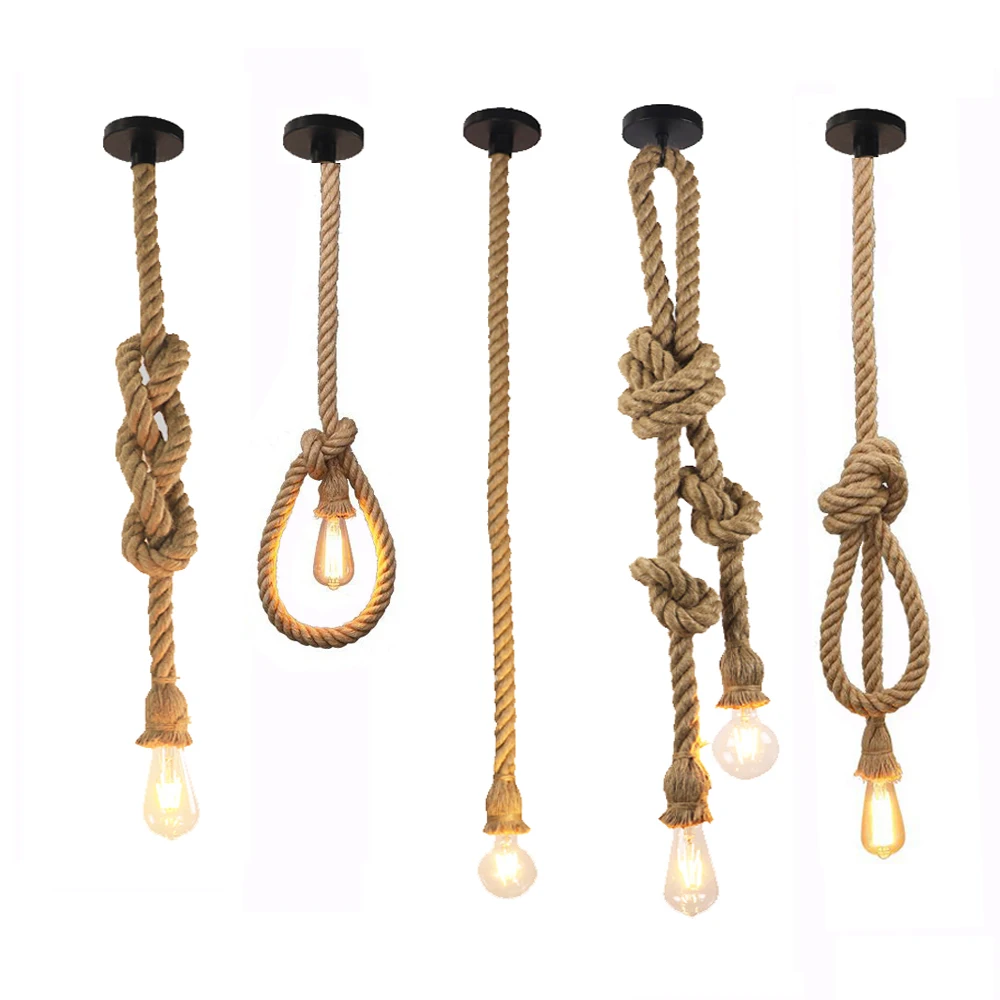 Luz colgante de cuerda de cáñamo Retro, lámparas colgantes industriales americanas, lámparas de techo creativas de estilo campestre para Loft, E27,