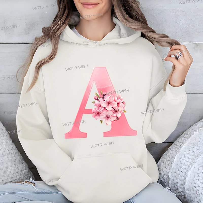 A B C D E English 26 Alphabet Print Hoodies Women Creative Sakura Letter Hooded Female Long Sleeve Harajuku Casual Sweatshirts