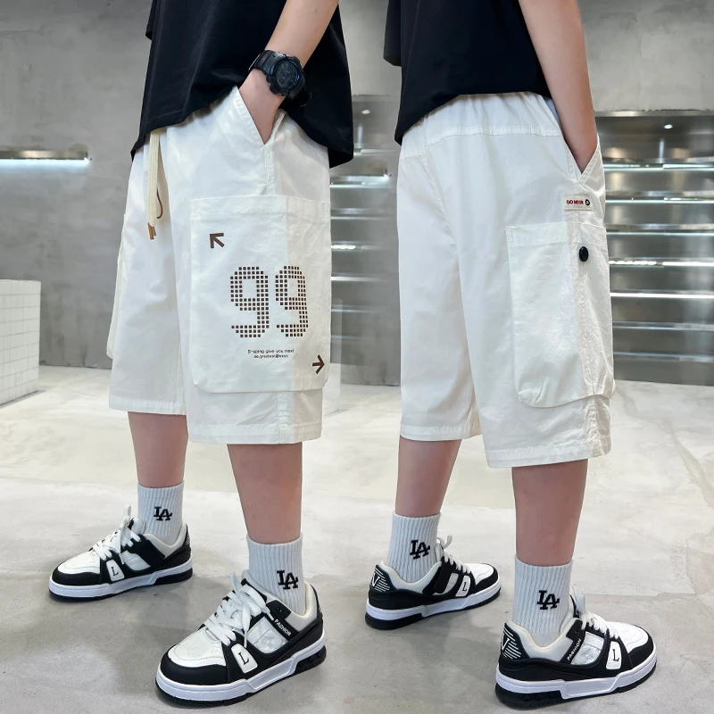 2025 New Arrival Korean Kids Child Cotton Cargo Shorts With Side Pocket for Teenager Boy Fashion Casual Knee Length Capris Pants