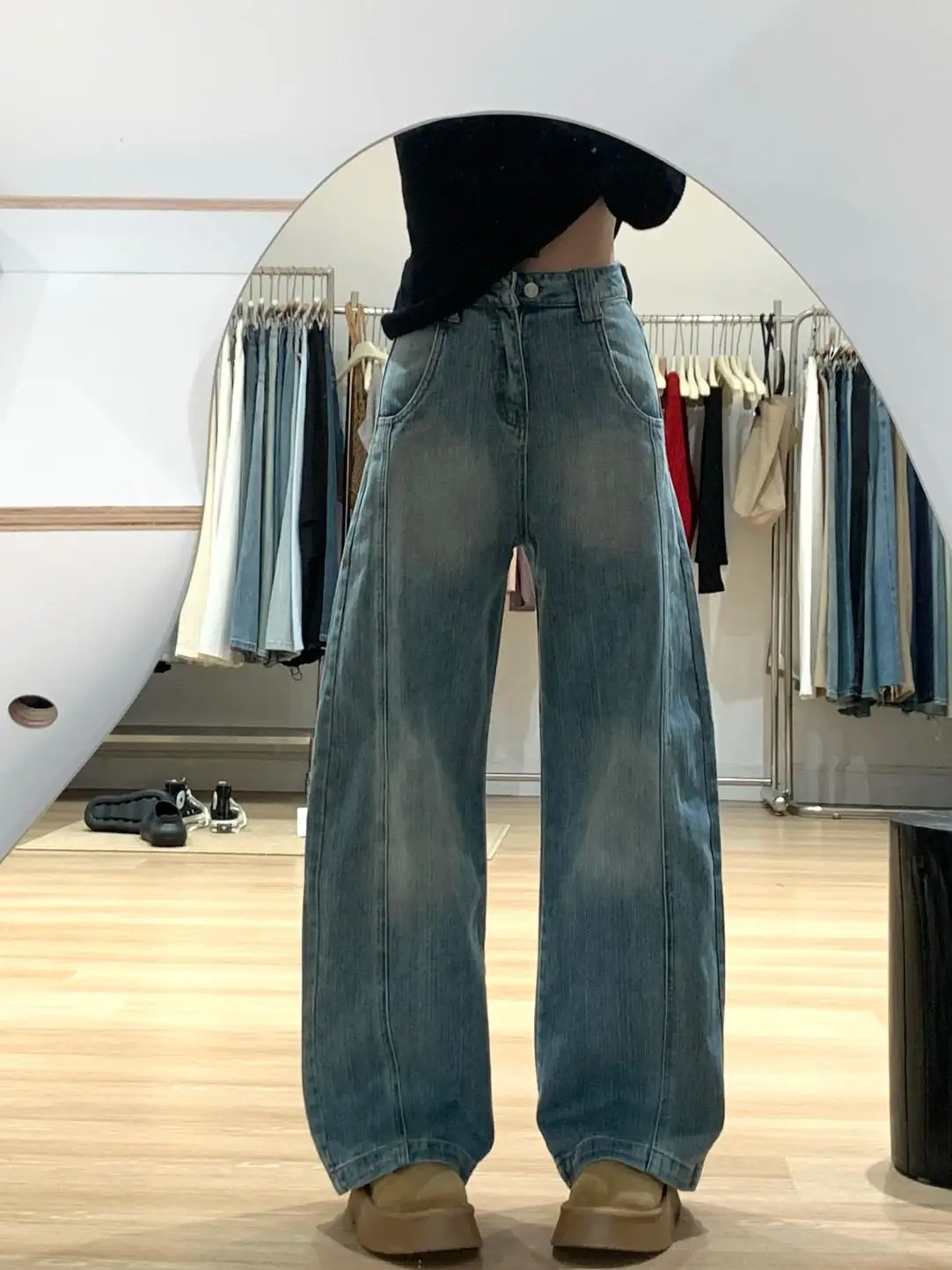 

Американские джинсы с высокой талией и широкими штанинами для женщин, осенне-зимние, свободные, драпирующиеся, с эффектом свободности, рабочие джинсовые брюки