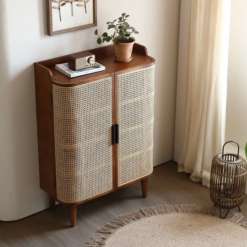 Solid wood shoe cabinet creative living room entry storage shoe rack home doorway storage locker rattan woven entrance