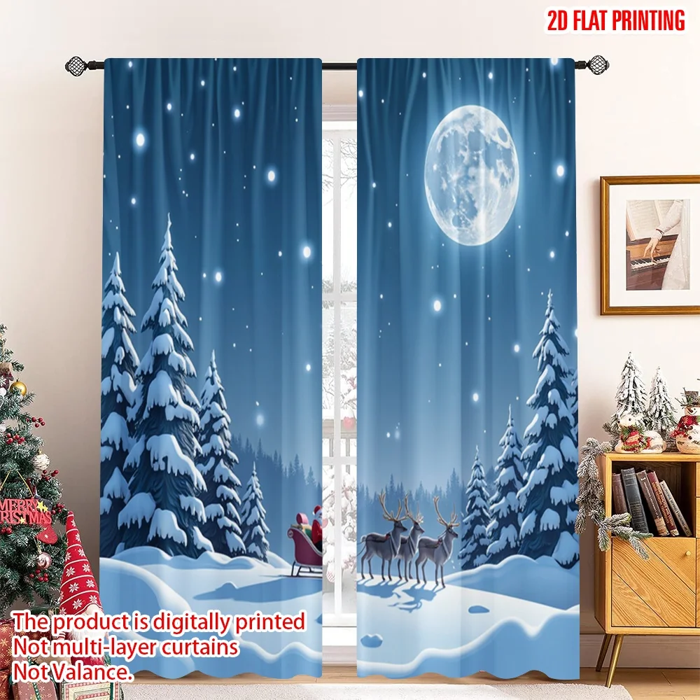 

2pcs 2D flat printing Christmas Party Curtain Santa Sleigh Night Sky 100% Polyester Without Electricity 0 for celebrations