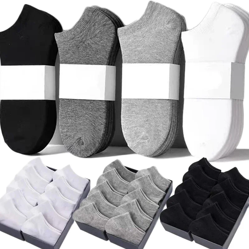 10Pairs Men\'s Socks Spring Summer Cotton Socks Breathable Sports Sock Solid Color Boat Socks Comfortable Ankle Socks White Black