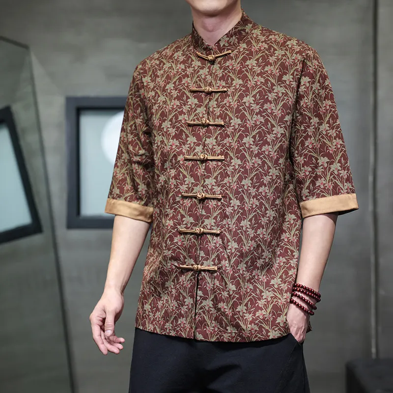 

2026 Men's Chinese Style Frog Button Tang Suit Hanfu Shirt Half Sleeve Loose Fit Lightweight Breathable Spring Summer Tops Male
