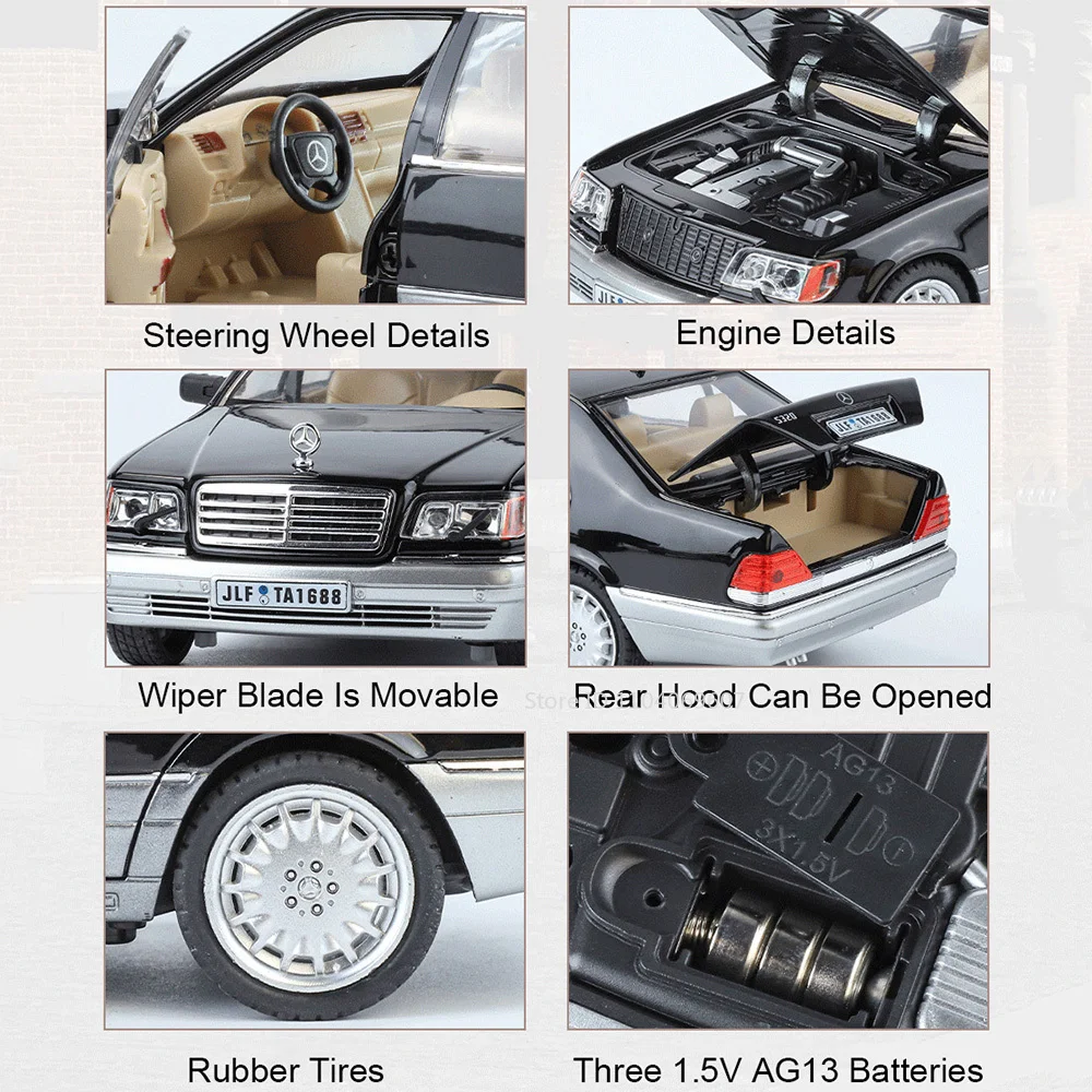 1:24 W140 Miniatur-Spielzeugautomodelle, Legierung, Druckguss-Sound, Licht, 6 Türen geöffnet, zurückziehbare Gummireifen, Modellfahrzeuge für Jungen, Geschenke