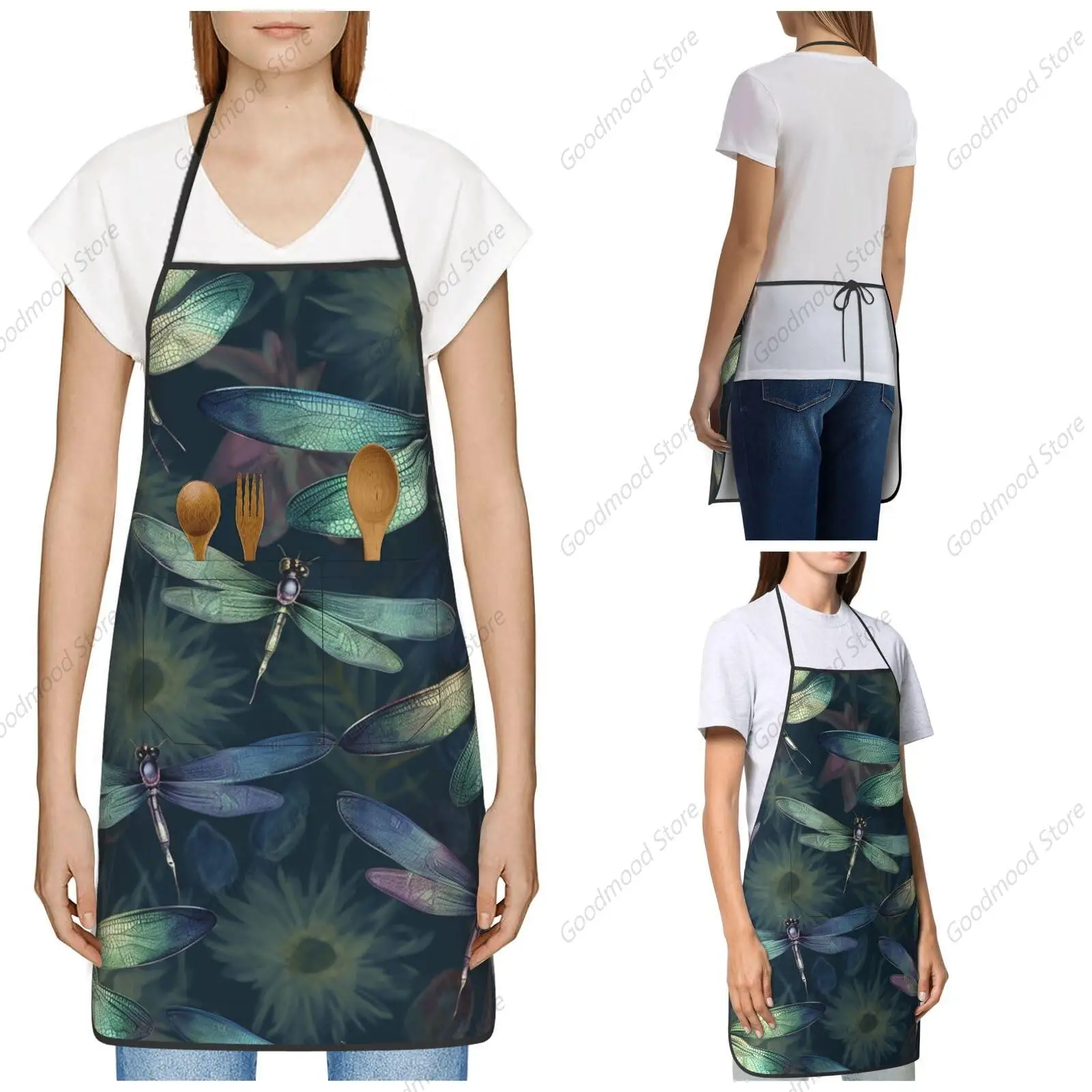 Adjustable Apron Bib for Men and Women Dragonfly pattern Waterpoof Apron Chef Bib for Cooking Dishwashing