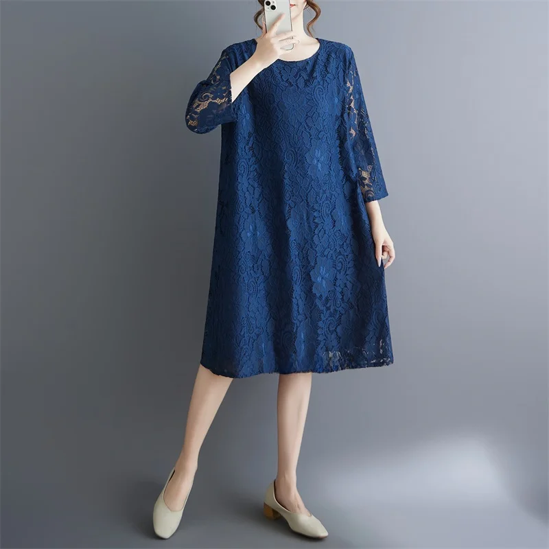 Vestido Azul de Aodón con Encaje, Cuello Redondo, Corte en A, Estilo Coreano, Talla ande, Nuevo Modelo, Cómodo para el Tr...