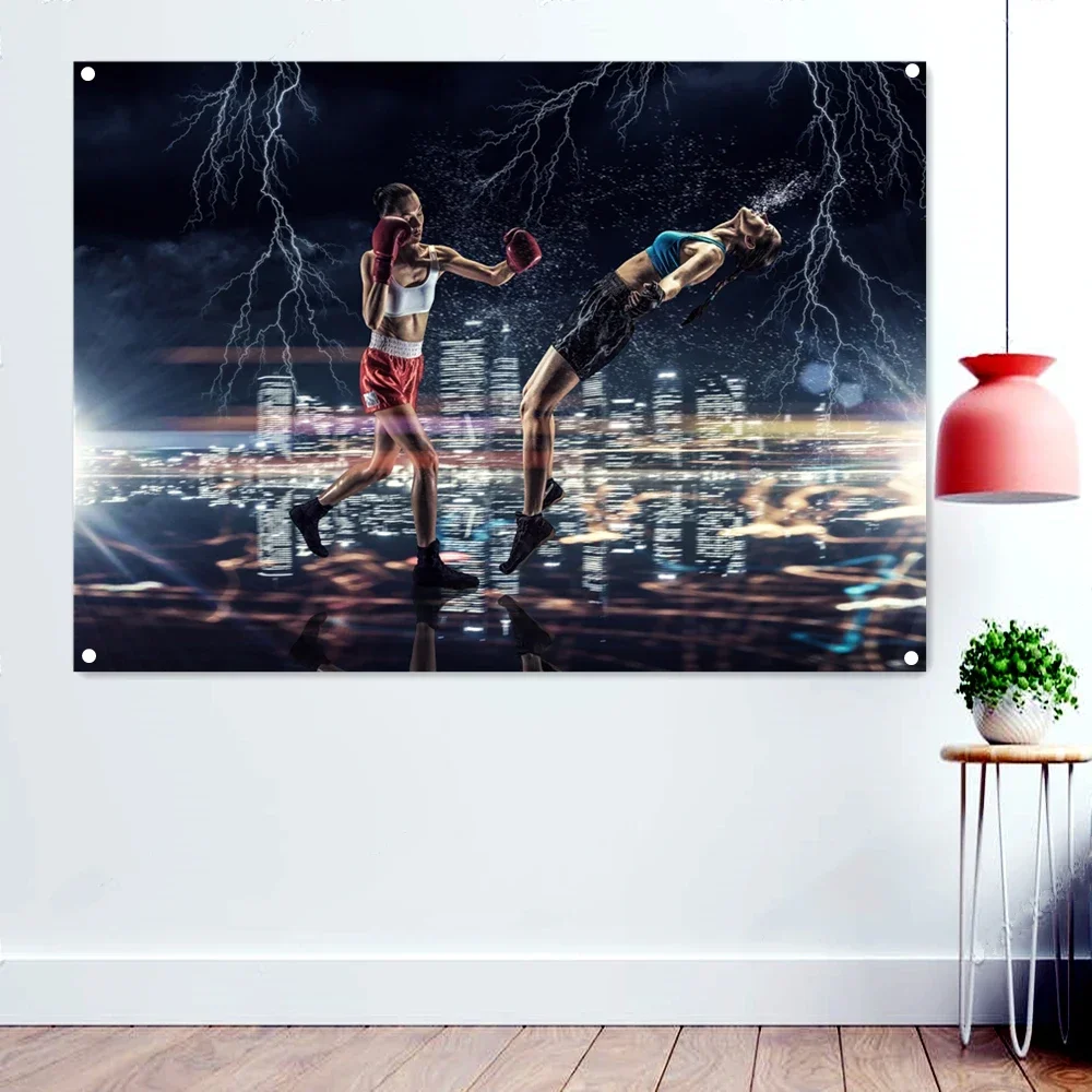 Female Boxer Defeats an Opponent Wallpaper Banners Flags Gym Decor Boxing Workout Poster Wall Sticker Background Hanging Cloth