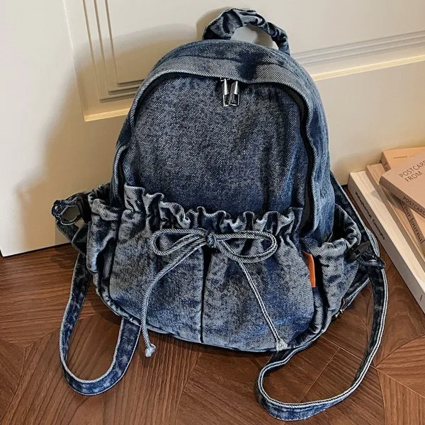 Casual Denim Female Backpack, Bow Daypack for Women and Teen Girls, Perfect for Daily Commute, Short Outdoor Daypack school bags