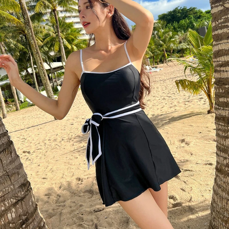 

Swimwear Women One Piece Suits Black Tie Up Bow Suspenders Skirt Swimsuit 2024 Summer Female Beachwear Bathing Suit Sexy Bikini