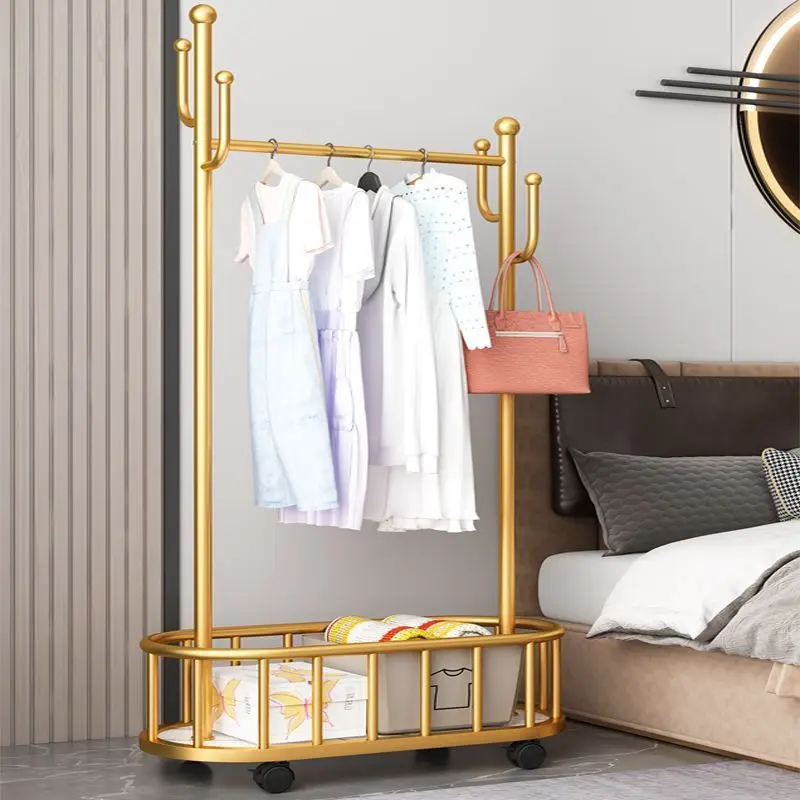 Floor Standing Coat Racks with Wheels Movable and Thick Clothes and Hats Rack Household Light Luxury Bedroom Cloth Storage Shelf