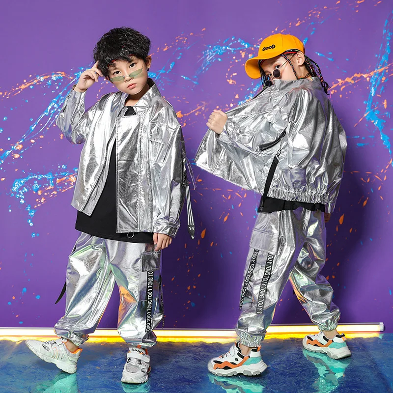 زي أداء رقص الجاز ورقص الشوارع للأطفال - بدلة هيب هوب نسائية من الجلد اللامع، مموهة للأطفال الذكور