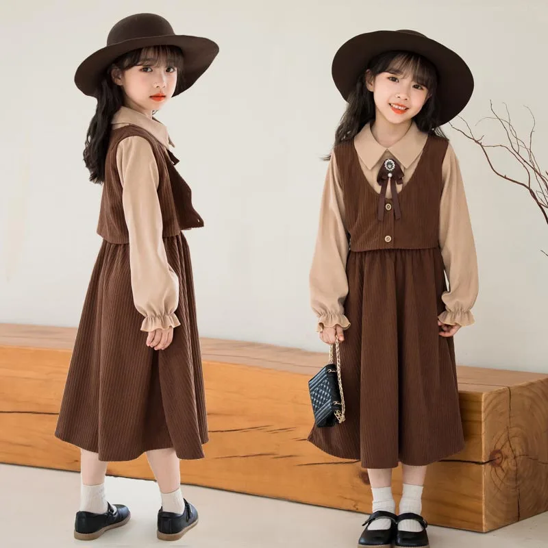 Spring Autumn Children Girl Long Sleeve Dress Teenager Girl Fake Two-pieces Vest Patchwork One-piece Dress Junior Girl Dress