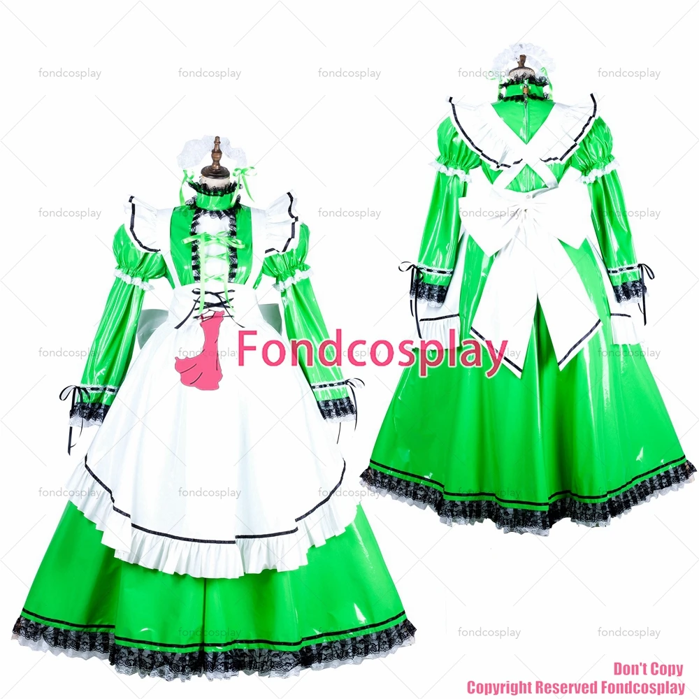 fondcosplay adult sexy cross dressing sissy maid long lockable green thin PVC vinyl dress Uniform costume CD/TV[G1806]