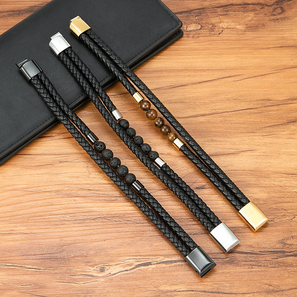 TYO High Quality  Natural Stone Tiger Eye Beaded Bracelets Woven Leather Bangles Men Classic Fashion Magnet Clasp Jewelry Gifts