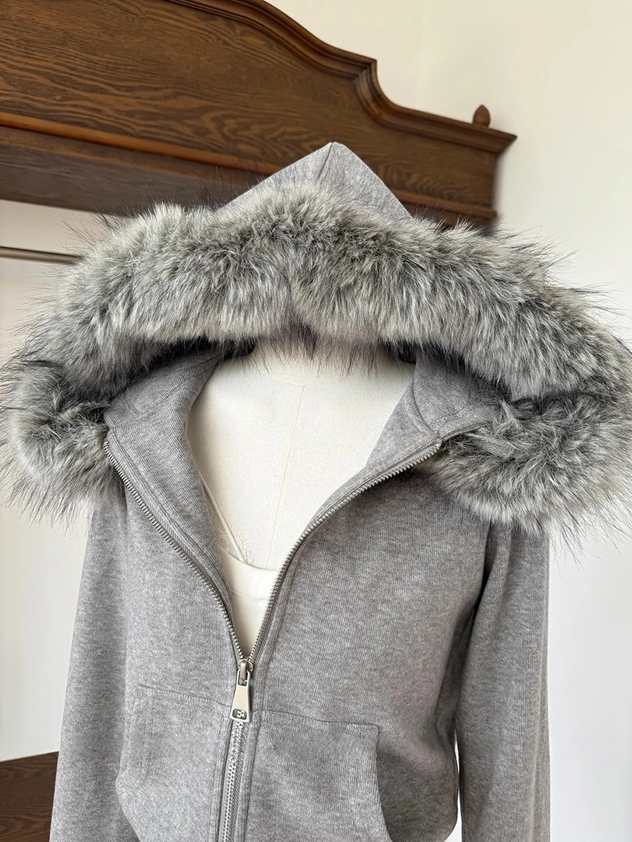 سترة نسائية بغطاء للرأس بسحاب من REDDACHiC مع غطاء محرك السيارة وجيوب من الفرو الصناعي وأكمام طويلة سترة قصيرة ضيقة ملابس رياضية كورية للخريف