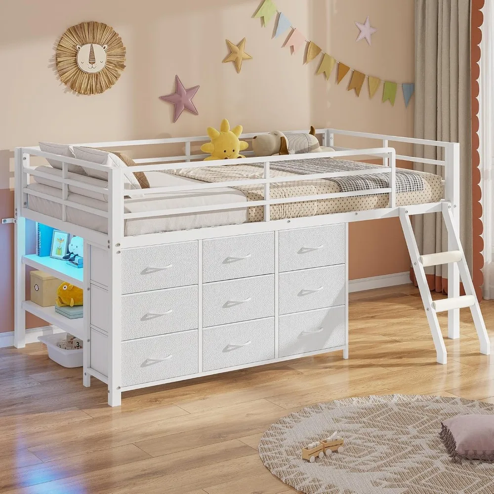 Twin Loft Bed for Kids, Low Loft Bed Twin Size with 9 Storage Dresser, LED Lights, 2 Storage Shelves & Stairs, Metal White