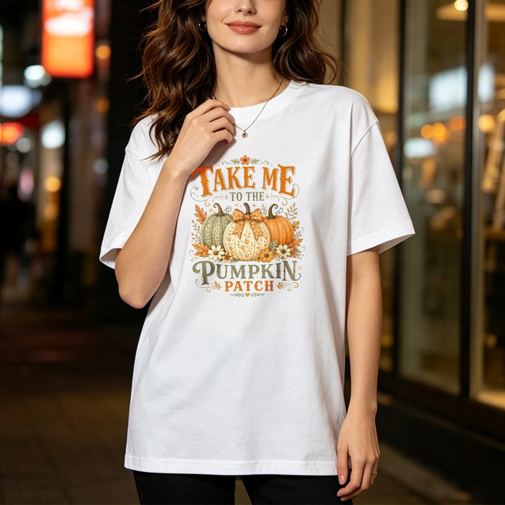 Floral Take Me To The Pumpkin Patch Tshirt Retro Fall Pumpkin Sublimation Tees Girly Autumn Shirt Funny Halloween Cotton T-Shirt