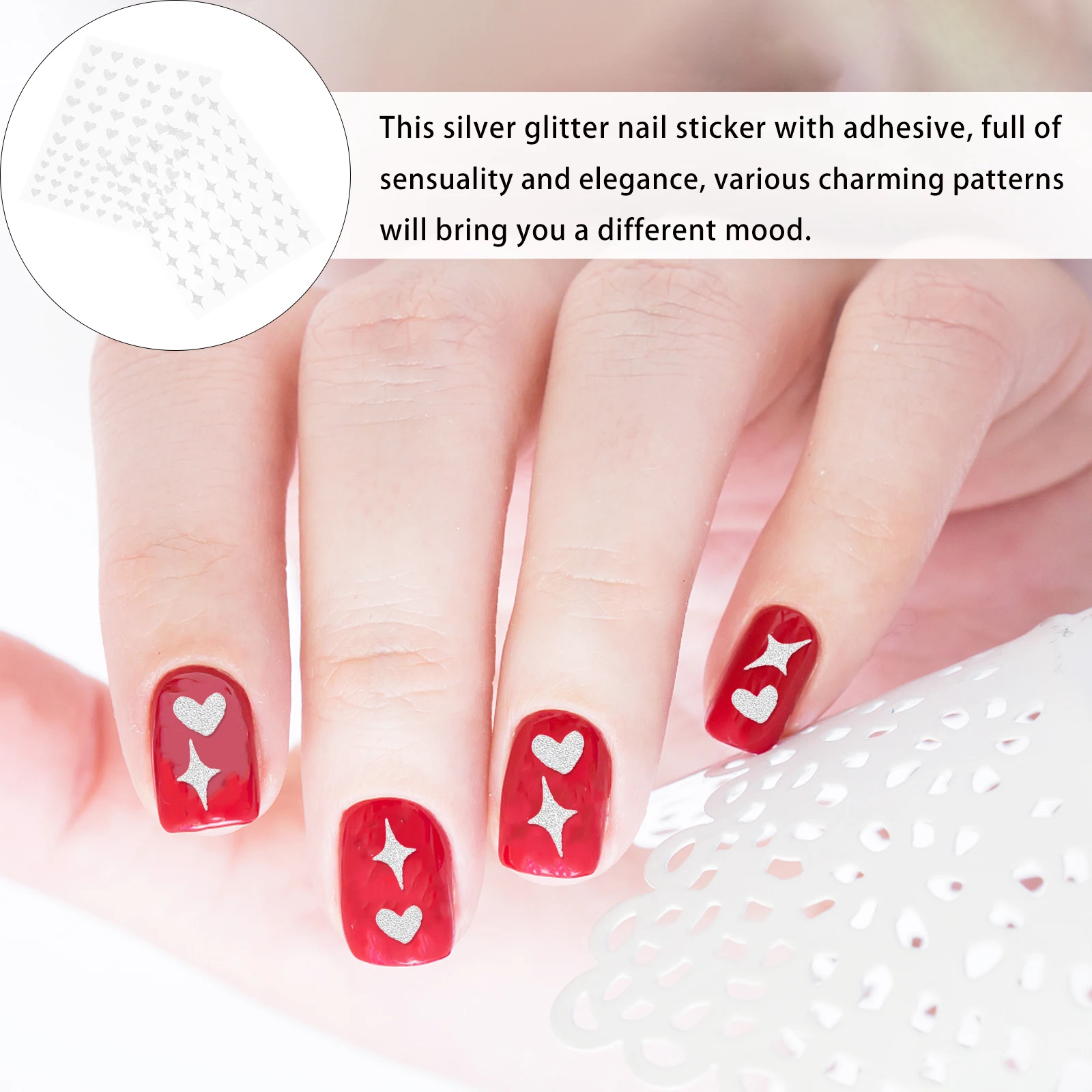 6 fogli di decalcomanie per unghie adesivi glitter argento adesivo per manicure a forma di cuore