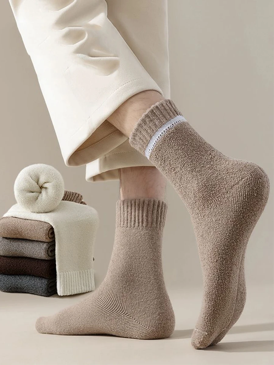 3 Pairs Of Men's And Women's Winter Fashionable Warm And Thick Woolen Loops Anti Freezing And Wear-resistant Solid Color Mid Tub