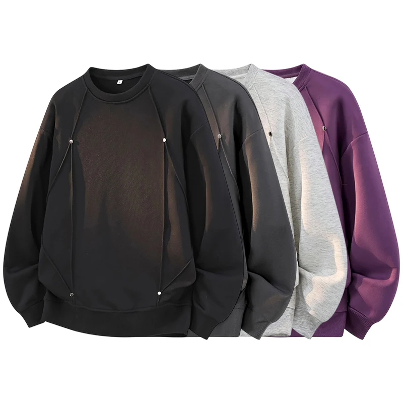 Unisex Plus Size Crew Neck Sweatshirt M-8XL Rivet Decor Stitching Design Long Sleeve Pullover Men Women Loose Casual Streetwear