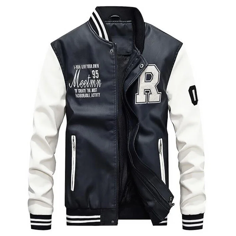 Collage Baseball Jackets Men Letter Embroidery Faux Leather Pilot Jacket Male Motorcycle Luxury Fleece Bomber Mens Coats M-4XL