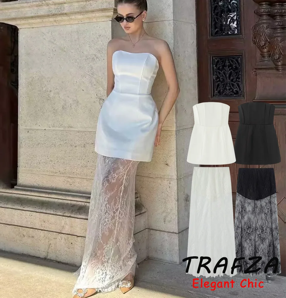 

TRAFZA Elegant Chic Lace Skirt Set Women's Strapless Top Or Lace Long Skirt 2025 Summer Fashion High Street Sexy Skirt Set
