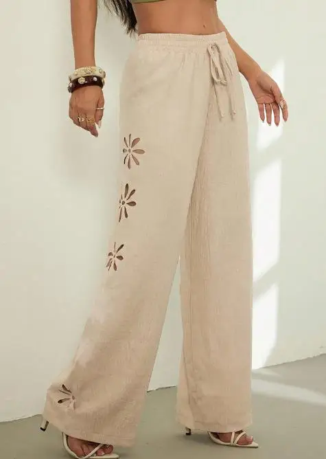 

Fashionable High Waisted Casual Hollow Solid Color Pants 2025 Summer Women's Lace Up Hollow Flower Design Straight Leg Pants