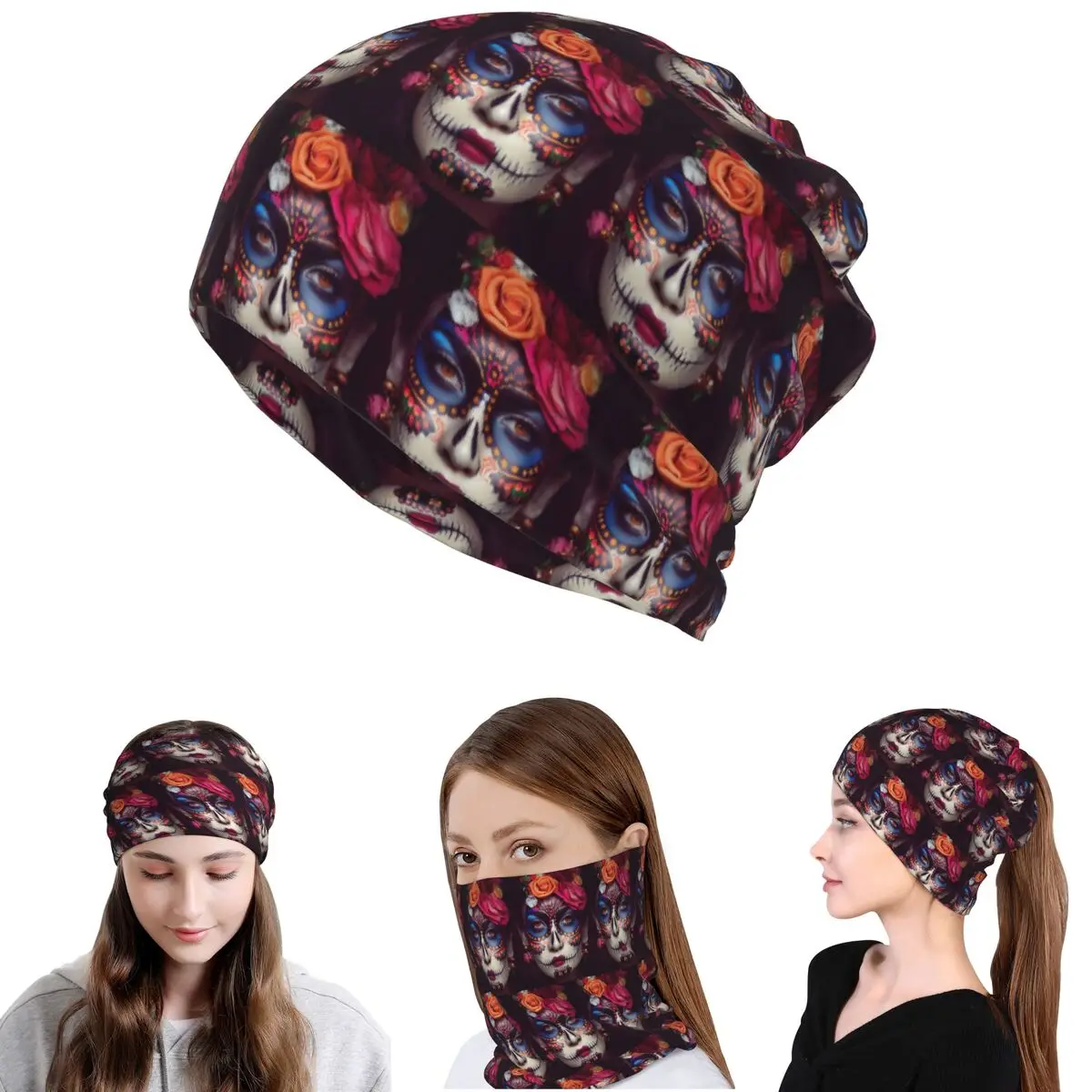 Mexican Catrina Girl Day Of The Dead Sugar Skull Bandana Neck Gaiter Wrap Scarf Balaclava Beanies Hat Unisex Adult Breathable